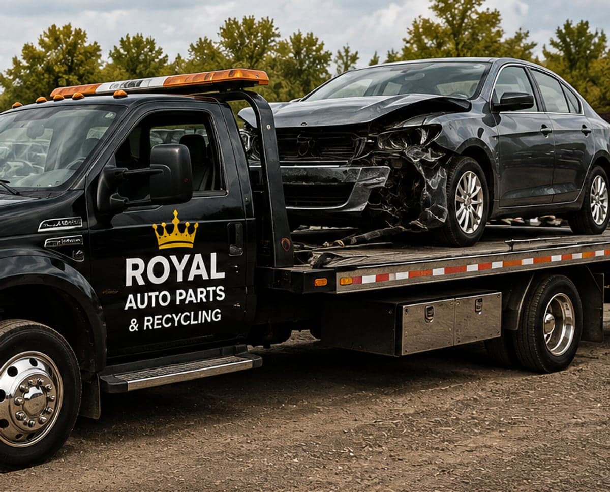Royal Auto Parts flatbed tow truck loaded with a front-end damaged car